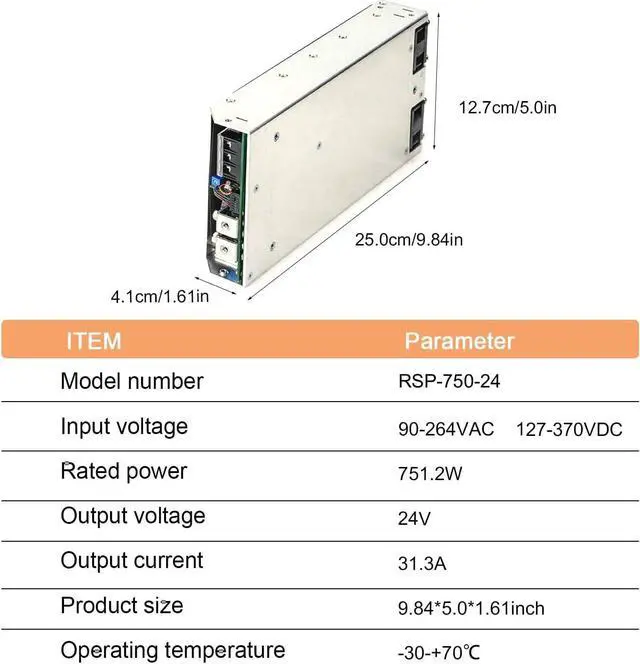 Alt view image 7 of 7 - RSP-750-24 750W 24V 31.3A Industrial Power Supply, 90.5% High Efficiency, 90-264VAC Wide Input, Active PFC, Overload/Overvoltage/Short Circuit Protection, Rugged & Compact