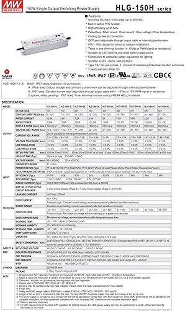 Alt view image 2 of 2 - LED Driver 153.6W 48V 3.2A HLG-150H-48A Meanwell AC-DC SMPS HLG-150H Series MEAN WELL C.V+C.C Power Supply