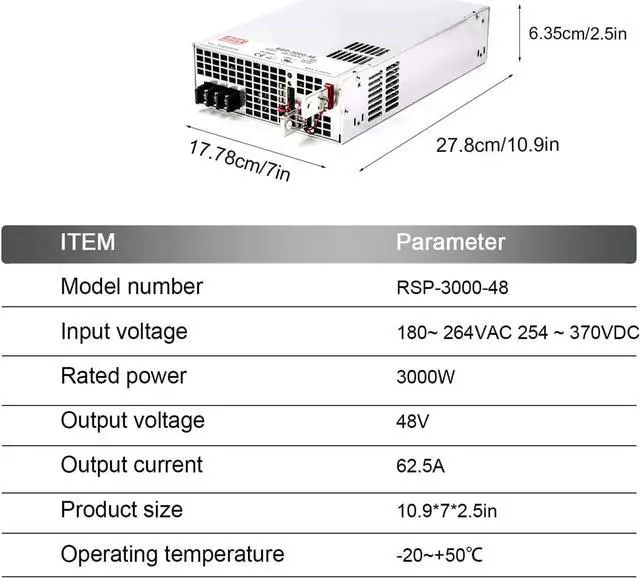 Alt view image 7 of 7 - RSP-3000-48 3000W Single Output Power Supply 48V 62.5A Constant Current with PFC, 180-264VAC Input, for Industrial Equipment, Telecom, and Data Centers