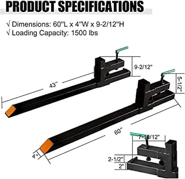 Alt view image 2 of 7 - 43''-60" Clamp On Pallet Forks, 4000 LBS Max Tractor Bucket Forks with Adjustable Stabilizer Bar, Heavy Duty Pallet Forks for Tractor Attachments, Skid Steer, Loader Bucket