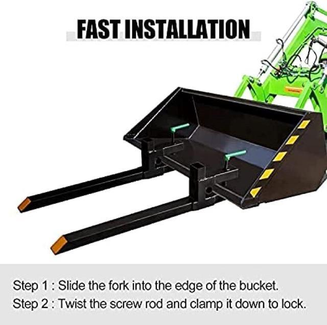 Alt view image 4 of 7 - 43''-60" Clamp On Pallet Forks, 4000 LBS Max Tractor Bucket Forks with Adjustable Stabilizer Bar, Heavy Duty Pallet Forks for Tractor Attachments, Skid Steer, Loader Bucket