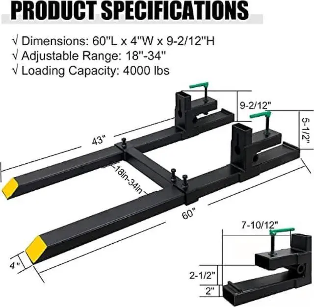 Alt view image 4 of 6 - 4000 Lbs Clamp On Pallet Forks 60" Heavy Duty Pallet Forks with Adjustable Stabilizer Bar for Loader Bucket Skid Steer Tractor,60''with Stabilizer Bar 4000LBS