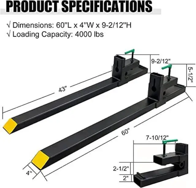 Alt view image 2 of 6 - 4000 Lbs Clamp On Pallet Forks 60" Heavy Duty Pallet Forks with Adjustable Stabilizer Bar for Loader Bucket Skid Steer Tractor,60''Without Stabilizer Bar 4000LBS