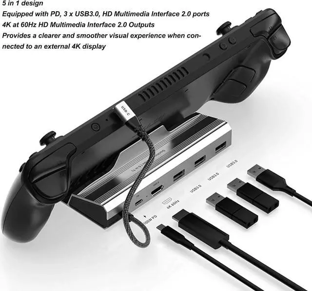 Alt view image 2 of 7 - Dock Stand for Steam Deck, 5 in 1 PD Power Supply with 3 USB3.0, 4K at 60Hz HD Multimedia Interface, 100WOutput, Gigabit Ethernet, Compatible with ROG Ally (V258A)