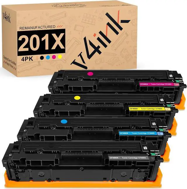 Main image of v4ink 201X Toner Cartridge Remanufactured Replacement for HP 201X CF400X CF401X CF402X CF403X 201A CF400AQ1 High Yield Toner for use in Color Pro M252dw M252n MFP M277dw M277n M274N Printer, 4-Pack