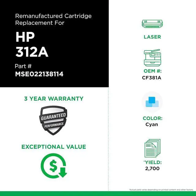 Alt view image 3 of 5 - MSE MSE022138114 Remanufactured Toner Cartridge for HP 312A Cyan