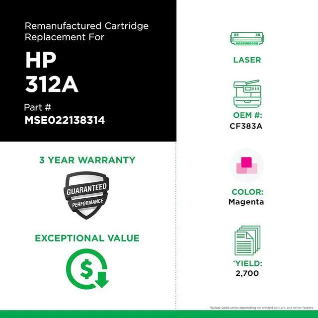 Alt view image 3 of 5 - MSE MSE022138314 Remanufactured Toner Cartridge for HP 312A Magenta