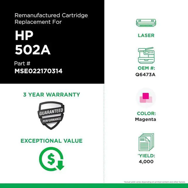 Alt view image 3 of 4 - MSE MSE022170314 Remanufactured Toner Cartridge for HP 502A Magenta