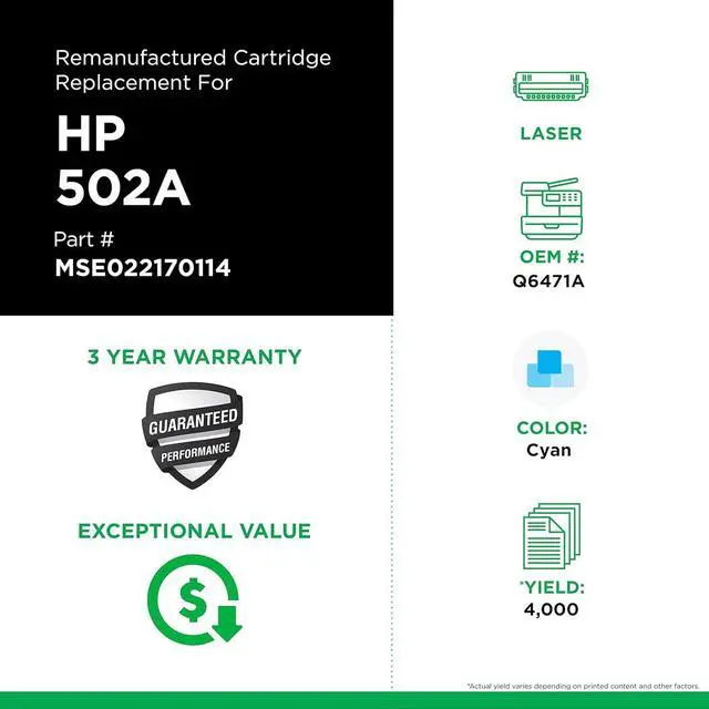 Alt view image 3 of 4 - MSE MSE022170114 Remanufactured Toner Cartridge for HP 502A Cyan