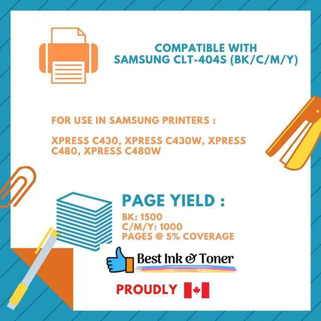 Alt view image 2 of 2 - Best Compatible Cartridge for Samsung CLT-404S Toner Cartridge Combo BK/C/M/Y - (404S),for Xpress C430,Xpress C430W,Xpress C480,Xpress C480W (Black/Cyan/Magenta/Yellow)