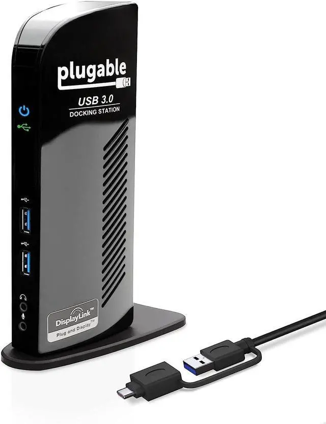 Main image of Plugable Universal Laptop Docking Station Dual Monitor for Windows and Mac, DisplayLink USB 3.0 or USB C Dock, (Dual Video: HDMI and HDMI/DVI/VGA, Gigabit Ethernet, Audio, 6 USB Ports)