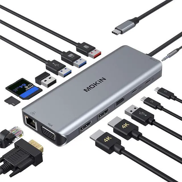 Main image of USB C Docking Station for Laptop Dual Monitor, MOKiN 14 in 1 USB C Hub with 2 HDMI, VGA, USB 3.1/3.0/2.0, SD & MicroSD Card, Charging, Ethernet, Audio & Mic for Dell/ASUS/Steam Deck/HP/Lenovo