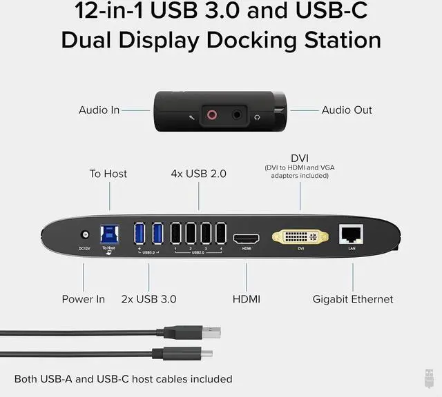 Alt view image 2 of 6 - Plugable USB 3.0 Universal Laptop Docking Station for Windows and Mac (Dual Monitor: HDMI and DVI/HDMI/VGA, Gigabit Ethernet, Audio, 6 USB Ports) - Horizontal