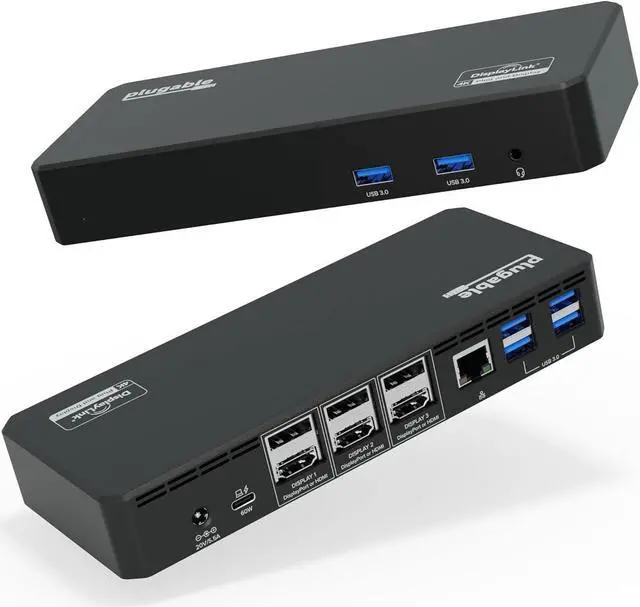 Main image of Plugable 12-in-1 USB C Triple Monitor Docking Station, Triple 4K Displays with 3X HDMI or 3X DisplayPort, Compatible with Mac, Windows, Thunderbolt, USB4, USB-C (100W PD, 6X USB Ports, Ethernet)