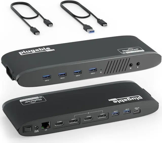 Main image of Plugable Universal Laptop Docking Station, 4K Dual Monitor, DisplayPort or HDMI, Windows Mac or ChromeOS Laptops, USB-C or USB 3.0, Adds 2 Displays, Ethernet, Audio, 6 USB Ports