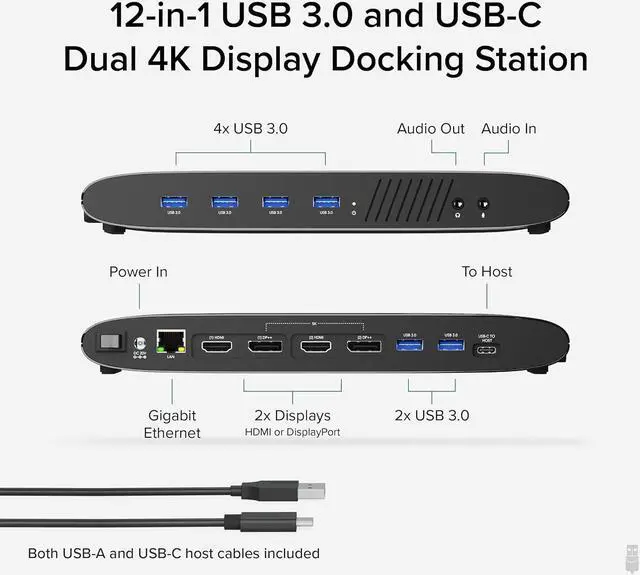 Alt view image 2 of 7 - Plugable Universal Laptop Docking Station, 4K Dual Monitor, DisplayPort or HDMI, Windows Mac or ChromeOS Laptops, USB-C or USB 3.0, Adds 2 Displays, Ethernet, Audio, 6 USB Ports