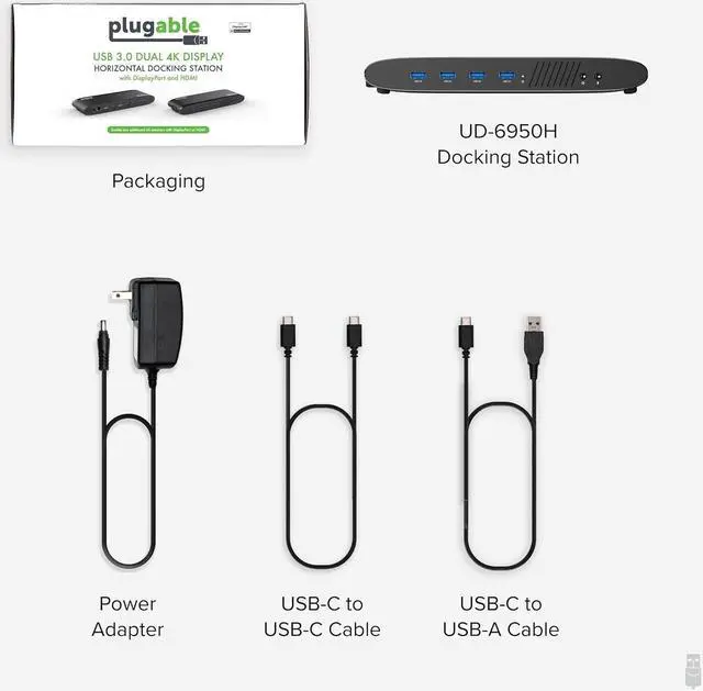 Alt view image 7 of 7 - Plugable Universal Laptop Docking Station, 4K Dual Monitor, DisplayPort or HDMI, Windows Mac or ChromeOS Laptops, USB-C or USB 3.0, Adds 2 Displays, Ethernet, Audio, 6 USB Ports