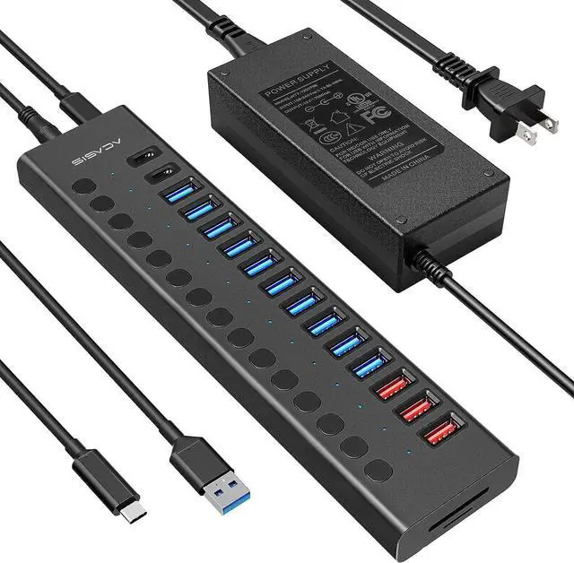Main image of Acasis USB C Hub - 17 Ports USB 3.0 Hub for PC/Laptop/Computer13 USB A Ports+2 Type C Ports+SD/TF Card Reader, Individual On/Off Switches, 12V/7.5A Power Adapter, Aluminum Housing