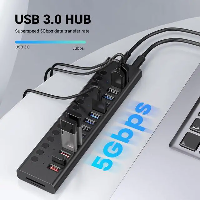 Alt view image 3 of 7 - Acasis USB C Hub - 17 Ports USB 3.0 Hub for PC/Laptop/Computer13 USB A Ports+2 Type C Ports+SD/TF Card Reader, Individual On/Off Switches, 12V/7.5A Power Adapter, Aluminum Housing