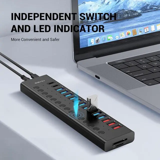 Alt view image 5 of 7 - Acasis USB C Hub - 17 Ports USB 3.0 Hub for PC/Laptop/Computer13 USB A Ports+2 Type C Ports+SD/TF Card Reader, Individual On/Off Switches, 12V/7.5A Power Adapter, Aluminum Housing