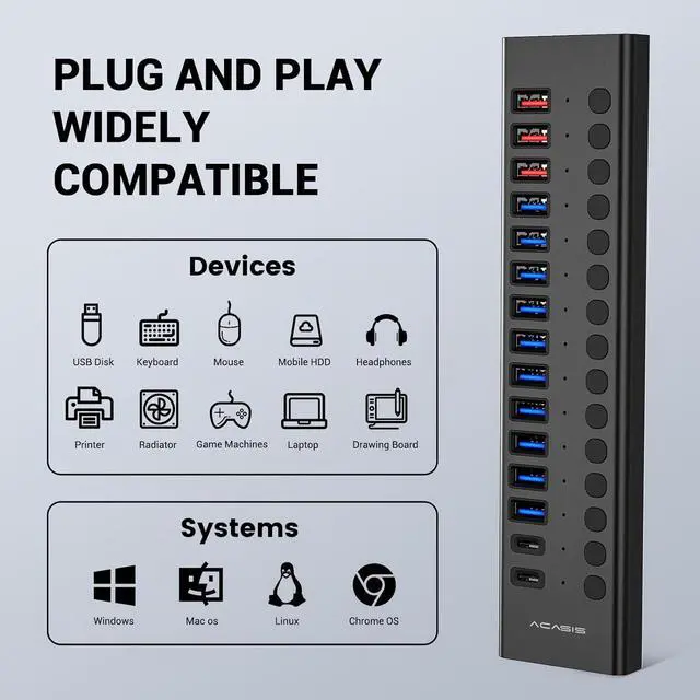 Alt view image 6 of 7 - Acasis USB C Hub - 17 Ports USB 3.0 Hub for PC/Laptop/Computer13 USB A Ports+2 Type C Ports+SD/TF Card Reader, Individual On/Off Switches, 12V/7.5A Power Adapter, Aluminum Housing