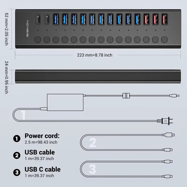 Alt view image 7 of 7 - Acasis USB C Hub - 17 Ports USB 3.0 Hub for PC/Laptop/Computer13 USB A Ports+2 Type C Ports+SD/TF Card Reader, Individual On/Off Switches, 12V/7.5A Power Adapter, Aluminum Housing