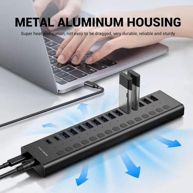 Alt view image 4 of 7 - Acasis USB C Hub - 17 Ports USB 3.0 Hub for PC/Laptop/Computer13 USB A Ports+2 Type C Ports+SD/TF Card Reader, Individual On/Off Switches, 12V/7.5A Power Adapter, Aluminum Housing