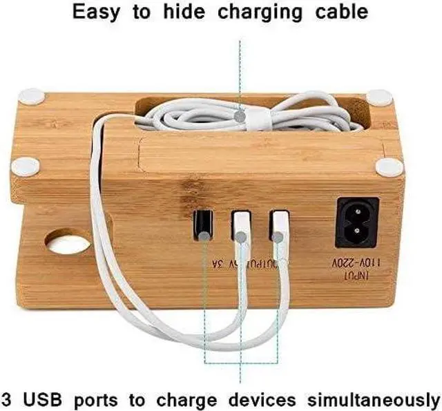 Alt view image 2 of 6 - AICase Bamboo Wood USB Charging Station, Desk Stand Charger, 3 USB Ports 3.0 Hub, for iPhone 7/7Plus/6s/6/Plus/5s & 38mm/42mm Suitable for Apple Watch, Samsung & Most Smartphones (Bamboo Wood)