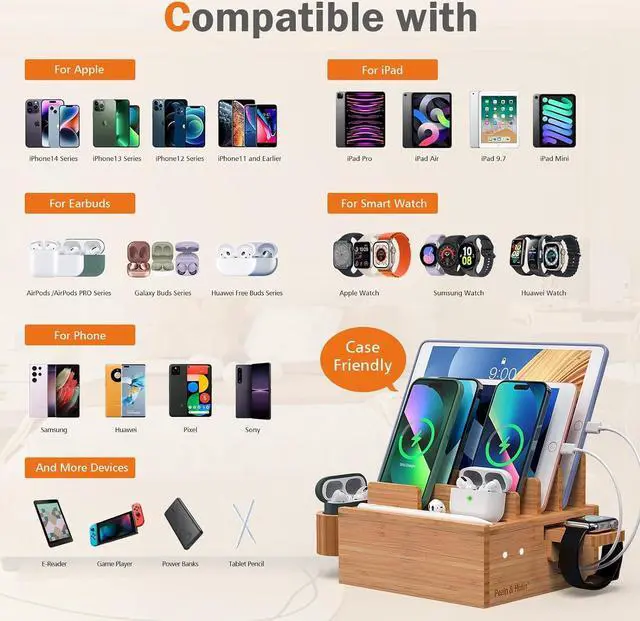 Alt view image 3 of 7 - Phone Docking Station for Multiple Devices, with Charger HUB Adapter, Electronic Organizer Stand Box- for Cell Phones, Tablets, Watches, with 5 Cables, Bamboo