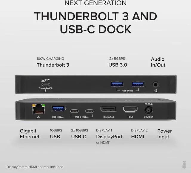 Alt view image 2 of 7 - Plugable Thunderbolt 3 and USB C Docking Station with 96W Charging - Compatible with Mac and Windows Laptops, DisplayPort and HDMI, 2X USB-C, 3X USB 3.0, Gigabit Ethernet, Audio Jack - Horizontal