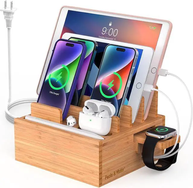 Main image of Pezin & Hulin Bamboo Charging Station for Multiple Devices Include 5 Port USB Charger, 5 Cables, Desktop Organizer for Phones, Tablet, Wooden Docking Stations