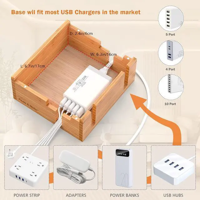 Alt view image 5 of 7 - Pezin & Hulin Bamboo Charging Station for Multiple Devices Include 5 Port USB Charger, 5 Cables, Desktop Organizer for Phones, Tablet, Wooden Docking Stations