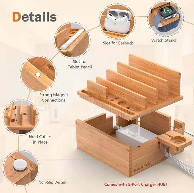 Alt view image 2 of 7 - Pezin & Hulin Bamboo Charging Station for Multiple Devices Include 5 Port USB Charger, 5 Cables, Desktop Organizer for Phones, Tablet, Wooden Docking Stations