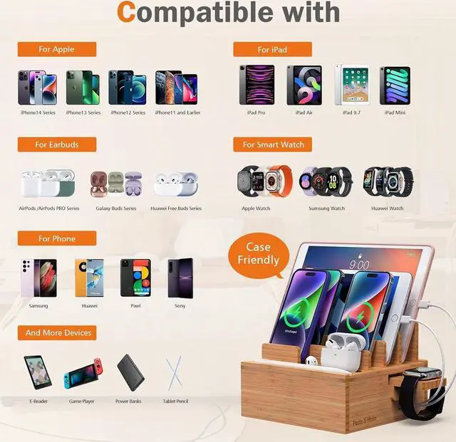 Alt view image 3 of 7 - Pezin & Hulin Bamboo Charging Station for Multiple Devices Include 5 Port USB Charger, 5 Cables, Desktop Organizer for Phones, Tablet, Wooden Docking Stations