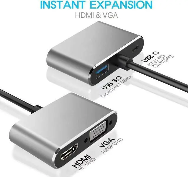 Alt view image 2 of 7 - navor 4-in-1 USB C to HDMI VGA Adapter, Type C Hub with 4K HDMI, VGA, USB 3.0 and USB C Charging Delivery Port Compatible with MacBook, Thunderbolt 3/4, iPad, Samsung, Nintendo Switch and More.