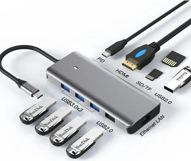 Main image of navor 10-in-1 USB C Hub, USB Type-C Dongle with HDMI, 5 USB Ports, PD, TF/SD Card Slot, RJ45 LAN Port, Compatible with Mac OS, Thunderbolt 3/4, Windows, Samsung, Huawei, Linux and More
