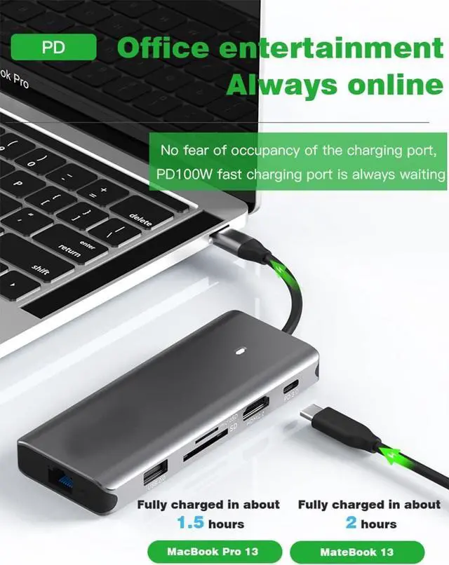 Alt view image 6 of 7 - navor 10-in-1 USB C Hub, USB Type-C Dongle with HDMI, 5 USB Ports, PD, TF/SD Card Slot, RJ45 LAN Port, Compatible with Mac OS, Thunderbolt 3/4, Windows, Samsung, Huawei, Linux and More