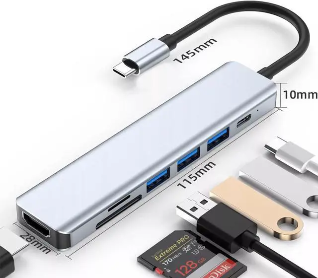 Alt view image 2 of 7 - navor 7-in-1 USB C Hub, USB Type-C Adapter with 4K HDMI, 3 USB 3.0 Ports, 100W PD, SD/TF Slot, Compatible for MacBook Pro(2017-20)/ Air(2018-20), Thunderbolt 3/4 and More Type-C Devices