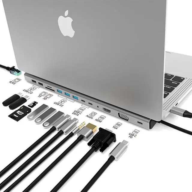 Alt view image 2 of 7 - navor 14-in-1 USB C Hub with HDMI, VGA, 5 USB Ports, PD, TF/SD Card Slot, RJ45 LAN Port, 3.5mm Audio Port, 2 Type-C Data Port Compatible with iMac/MacBook, Thunderbolt 3/4, Samsung, Huawei and More