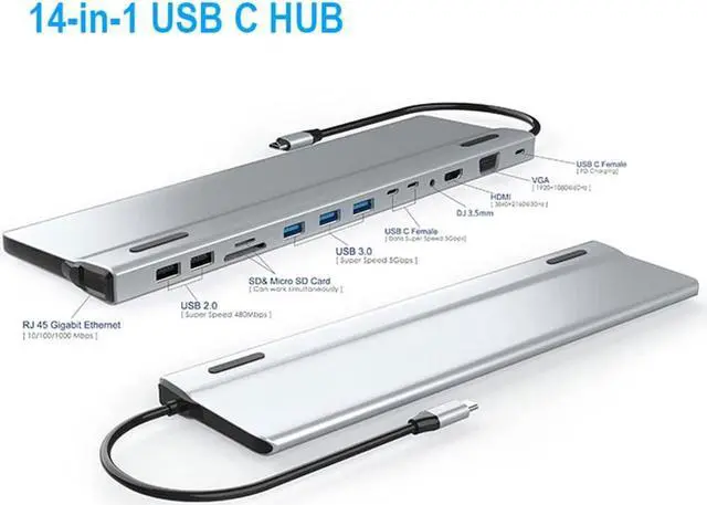 Alt view image 7 of 7 - navor 14-in-1 USB C Hub with HDMI, VGA, 5 USB Ports, PD, TF/SD Card Slot, RJ45 LAN Port, 3.5mm Audio Port, 2 Type-C Data Port Compatible with iMac/MacBook, Thunderbolt 3/4, Samsung, Huawei and More