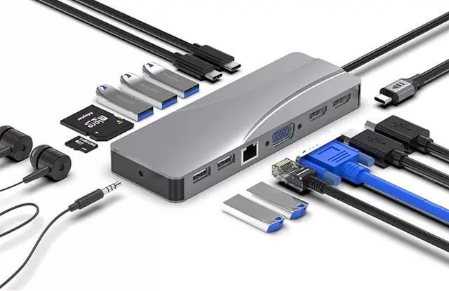 Main image of navor 14-in-1 USB C Hub with 2 HDMI, VGA, 5 USB Ports, PD, TF/SD Card Slot, RJ45 LAN Port, 3.5mm Audio Port, 1 USB Type-C Data Port Compatible with iMac, Thunderbolt 3/4, Huawei, Samsung and More