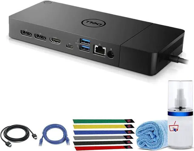 Main image of Dell WD19S 130W Computer Docking Station (USB, USB-C, DisplayPort, HDMI, Ethernet Ports) 1-Pack Bundle with LCD Cleaning Kit, Ethernet + HDMI Cable, and (6) Electronics Basket Cable Ties