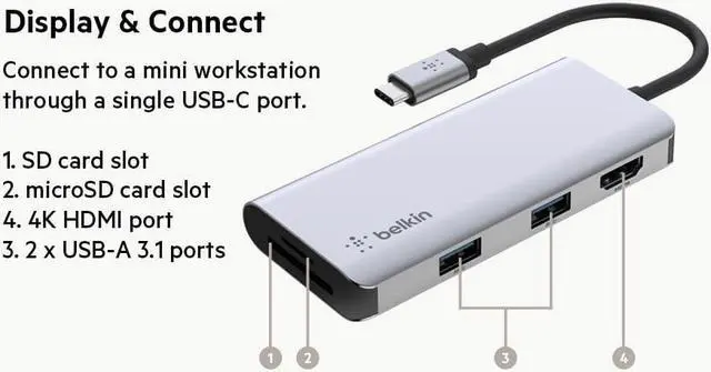 Alt view image 2 of 7 - Belkin AVC007btSGY 5 in 1 USB-C Hub, 4K HDMI, 2 x USB3.0, SD/microSD Compatible with iPad/iPad Pro/iPad Mini/iPad Air/MacBook/MacBook Air/Android Tablets and More