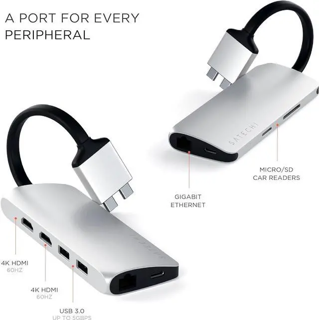 Alt view image 2 of 6 - Satechi Type-C Dual Multimedia Adapter with Dual 4K HDMI, USB-C PD, Gigabit Ethernet, Micro/SD Card Readers, USB 3.0 - for M2/ M1 MacBook Pro/Max (Silver)
