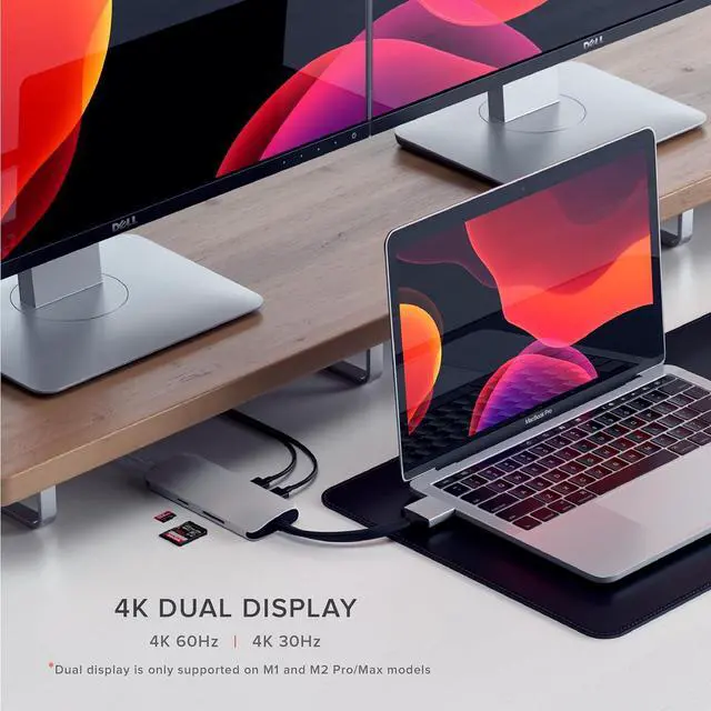 Alt view image 4 of 6 - Satechi Type-C Dual Multimedia Adapter with Dual 4K HDMI, USB-C PD, Gigabit Ethernet, Micro/SD Card Readers, USB 3.0 - for M2/ M1 MacBook Pro/Max (Silver)