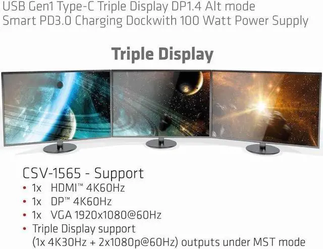 Alt view image 7 of 7 - Club 3D CSV-1565 USB Gen1 Type-C Triple Display DP1.4 Alt Mode Smart PD3.0 Charging Dock with 100 Watt Power Supply