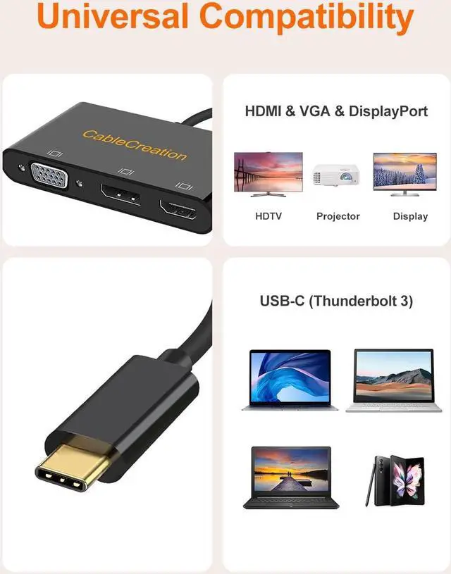 Alt view image 6 of 6 - USB C to 3 Monitors, CableCreation USB C to HDMI VGA DisplayPort Adapter Work at Same Time, Compatible with MacBook Pro 2020/2019, Chromebook, Galaxy S23 Ultra/ S22, G5