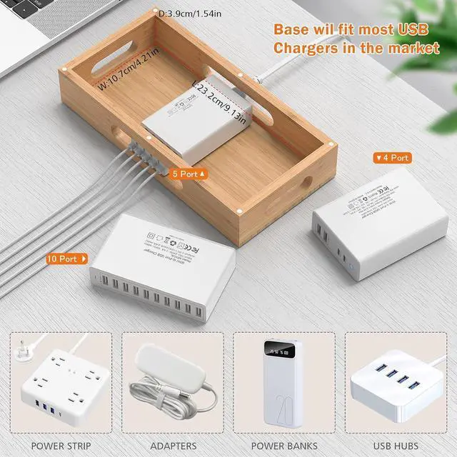 Alt view image 5 of 7 - Bamboo Charging Station Holder with 5 Port USB Charger, 5 x Charge Cables, Watch Stand, Wood Docking Stand Electronic Organizer for Multiple Devices, Phones, Tablets and More