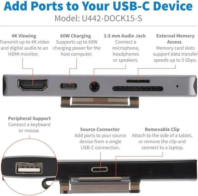Alt view image 4 of 7 - Tripp Lite USB-C Dock with 4K HDMI, USB-A, Memory Card Slots, PD Charging, Portable Hub, Thunderbolt 3 Compatible, Gray (U442-DOCK15-S)