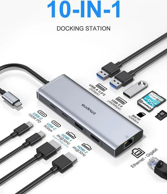 Alt view image 2 of 7 - Docking Station Dual Monitor 2 HDMI,8K HDMI Laptop Hub Docking Station with 104 Mbps SD/TF USB-C Ethernet 3.5mm Audio&Mic,10 in 1 100W PD passthrough Double Displayport 2 HDMI USB C Hub for Hp Dell